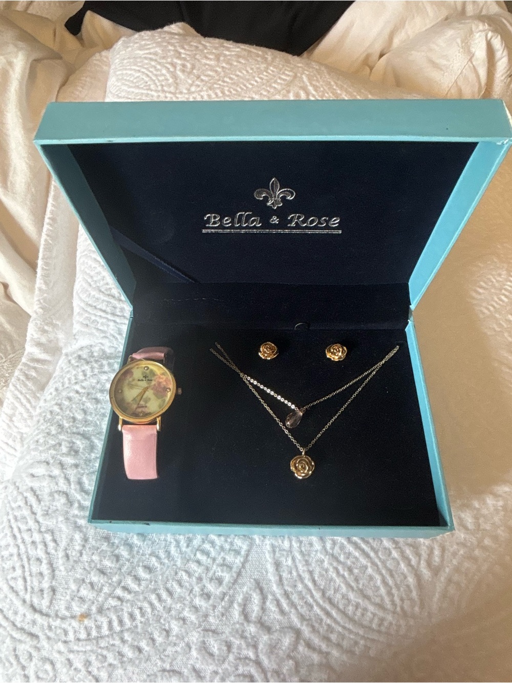 Bella Rose Set Pink Strap Watch and Gold Rose Jewelry Set